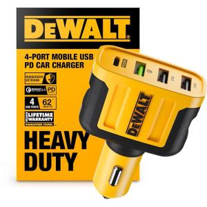 imageDEWALT Heavy Duty 4 Port USB C Car Charger Multiport Fast 60W USB Cigarette Lighter Adapter PD Type C Multi Car Phone Charger Cell Phone Automobile Chargers Compatible wiPhone 1615 Samsung