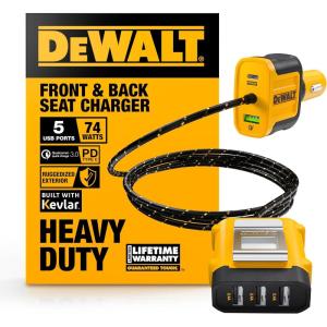 imageDEWALT Heavy Duty 72W 5 Port USB Car Charger Multiport iPhone 16 Multi USB Car Charger Fast Charge PD ampamp QC30 Cigarette Lighter Adapter w 6FT Cable Type C FrontBack Charging for Multiple Devices