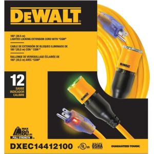 imageDEWALT 100 Foot Extension Cord Lighted ClicktoLock 123 SJTW  Heavy Duty Outdoor Weatherproof Heat ampamp Corrosion Resistant Industrial Strength Light Up Three Prong Outlet Plug Power Cord