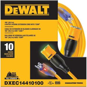 imageDEWALT 50 Foot 123 SJTW ClicktoLock Lighted Extension Cord  Heavy Duty Outdoor Waterproof Weatherproof Heat ampamp Corrosion Resistant Industrial Strength Light Up Prong Outlet Plug Power Cord100 ft
