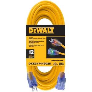 imageDEWALT 50 Foot 123 SJTW Lighted Extension Cord  Heavy Duty Outdoor Waterproof Weatherproof Heat ampamp Corrosion Resistant Industrial Strength Light Up Prong Outlet Plug Power CordYellow