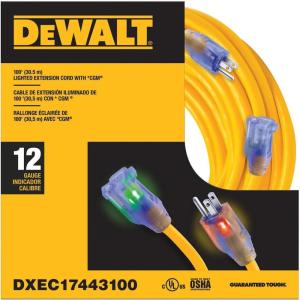 imageDEWALT 50 Foot 123 SJTW Lighted Extension Cord  Heavy Duty Outdoor Waterproof Weatherproof Heat ampamp Corrosion Resistant Industrial Strength Light Up Prong Outlet Plug Power CordGreen Yellow