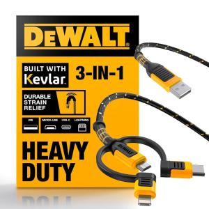 imageDEWALT Heavy Duty 3 in 1 Multi Charging Cord 6ft Fast Charger Cord Multi Charger Adapter with LightningType CMicro USB Port for iPhonesSamsung GalaxyPSTabletsMore6Foot