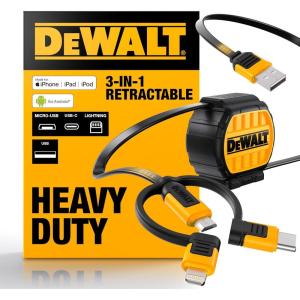 imageDEWALT Heavy Duty 3 in 1 Retractable Multi Charging Cord 3ft Fast Charger Cord Multi Charger Adapter with LightningType CMicro USB Port for iPhonesSamsung GalaxyPSTabletsMore