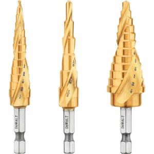 imageDEWALT Step Drill Bit Set3 Piece Titanium Nitride Coated 31 Hole Sizes 18 in to 78 in 14 in Shank Hex Size DWA1790IR