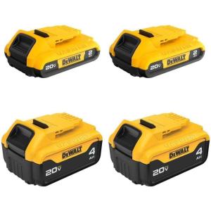 imageDEWALT 20V MAX Lithium Ion Battery 2 Ah and 4 Ah 4Pack Fuel Gauge LED Charge Indicators DCB32444 Count Pack of 1